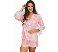 Feather Pyjamas For Women Silk Satin Pyjama Set With Shorts Womens 2pc Pj Sets Bridesmaid Bride Pj Set Bridal Button Down Sleepwear Wedding Pajamas Loungewear