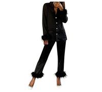 Feather Pyjamas Set Women: Sleepwear Sets for Women Long Sleeve Lapel Button Down Tops & Pants Pajamas Set Nightwear Loose Longewear Pjs Sets Feather Loungewear Sets Women's Two Piece Pajamas Set