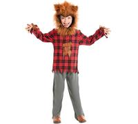 Feather Skirt Carnival Boys Gray Full Moon Werewolf Costume,Red Plaid Shirt and Wolf for Kids,Halloween Dress Up Party(Brown,M)