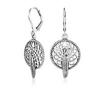 Feather South Western Native American Indian Dream Catcher Lever back Dangle Earrings Western Jewelry For Women For Teen .925 Sterling Silver