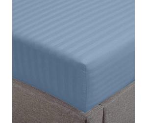 Feather & Stitch 1 Piece Fitted Sheet Queen Size, 100% Cotton Damask Sateen Weave, Striped Breathable, Stretchable Elastic Sheet for Mattress 18 inch Deep Pocket, 500TC Premium Ultra Soft - Blue