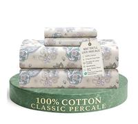 Feather & Stitch 100% Cotton 300TC Percale Weave Sheet Set, College Dorm Twin 3 Piece Cooling Bed Sheets 16" Deep Pockets, -1 Fitted Sheet, 1 Pillowcase,1 Flat Sheet- Biege Paisley