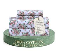 Feather & Stitch 300 Thread Count 100% Cotton Percale Weave Bed Sheets + 2 Pillowcases, Fits Mattress 16'' Deep Pocket, Luxury Breathable 4 Piece Bedding Set, (Floral King)