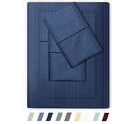 Feather & Stitch Full Size Damask Stripe Sheet Set - 4 Piece Set, Ultra Soft 100% Cotton Sheets, 500 Thread Count Luxury Sateen Weave, Deep Pocket Bedsheets, with 2 Pillowcases (Full, Dark Blue)