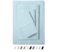 Feather & Stitch King Size Damask Stripe Sheet Set - 4 Piece Set, Ultra Soft 100% Cotton Sheets, 500 Thread Count Luxury Sateen Weave, Deep Pocket Bedsheets, with 2 Pillowcases (King, Aqua)