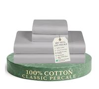 FEATHER & STITCH NEW YORK Softest 100% Cotton Sheets, 4 PC Set, 300 Thread Count Percale Weave Bedding, 16" Deep Pocket, Cooling Sheets, King Size Sheets, Breathable Bed Set (Grey)