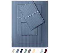 Feather & Stitch Queen Size Damask Bed Sheets|100% Soft Cotton Breathable BedSheet 4 Pc Set 18" Deep Pockets 500 TC Sateen Weave Striped Bedding Mattress Resort Hotel Luxury Decor|Blue