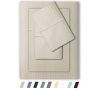 Feather & Stitch Queen Size Damask Stripe Sheet Set - 4 Piece Set, Ultra Soft 100% Cotton Sheets, 500 Thread Count Luxury Sateen Weave, Deep Pocket Bedsheets, with 2 Pillowcases (Queen, Beige)