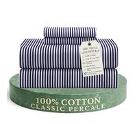 Feather & Stitch Softest 100% Cotton Sheets, 300 Thread Count Percale Weave Bedding, 16" Deep Pocket, Cooling Sheets, Breathable Bed Set, Hotel Premium Quality (King, Blue Stripe)