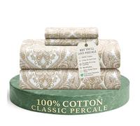 Feather & Stitch Softest 100% Cotton Sheets, 4 Pc Set, 300 Thread Count Percale Weave Bedding, 16" Deep Pocket, Cooling Sheets, Breathable Bed Set (Queen, Ivory Paisley)