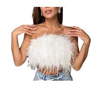 Feather Tops For Women, Sleeveless Backless Tank Strapless Faux Fur Crop Top Fluffy Slim Fit Bandeau Vest (Color : A, Size : S)
