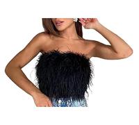 Feather Tops for Women Strapless Faux Fur Crop Top Sleeveless Backless Tube Top Fluffy Slim Fit Bandeau Vest Tank (Color : Black, Size : S)