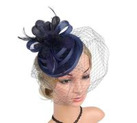 Feather Veils Fascinator Hats For Women Wedding And Church Mesh Party Hair Accessories Elegant Bride Mesh Headwear Flower Hat-Navy Blue