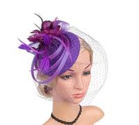 Feather Veils Fascinator Hats For Women Wedding And Church Mesh Party Hair Accessories Elegant Bride Mesh Headwear Flower Hat-Purple