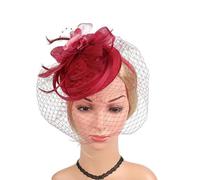 Feather Veils Fascinator Hats For Women Wedding And Church Mesh Party Hair Accessories Elegant Bride Mesh Headwear Flower Hat-Wine Red