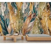 Feather Wallpaper Abstract Blue Gold Brown Feather Office Wallpaper Polka Dots Wall Mural Stripe Kids Wall Paper for Bedroom Living Room Mural Decor 250X175cm
