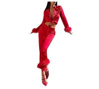Feather Women's Pyjamas: Long Sleeve Lapel Button Down Tops & Pants Pajamas Nightwear Loose Loungewear Two Piece Set Red