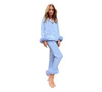 Feather Women's Pyjamas: Long Sleeve Lapel Button Down Tops & Pants Pajamas Nightwear Loose Loungewear Two Piece Set
