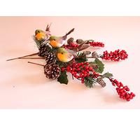 Feathered Robin on Holly & Fruit Christmas Pick (red)