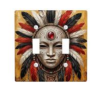 Feathers Double Light Switch Cover Plate, Tribal Artistic Geometric Gemstone None Red Plastic Standard Size Toggle Light Switch Cover for Bedroom Bathroom Kitchen Entrance Decor
