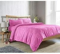 Feathers & Linens TEDDY BEAR FUR SHERPA FLEECE DUVET COVER, FITTED SHEET & PILLOWCASE BEDDING BED LINEN SET (Pink, Double Duvet Cover)