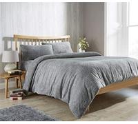 Feathers & Linens TEDDY BEAR FUR SHERPA FLEECE DUVET COVER, FITTED SHEET & PILLOWCASE BEDDING BED LINEN SET (Silver, Single Duvet Cover)