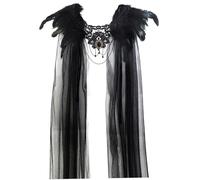 Feathers Shawl, Halloween Tulle Cape with Black Feathers Cosplay Villain Gothic Cloak Cape for Party, Costume, Cosplay Witch, Sheer, Shoulder Piece, Halloween Costumes