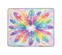 Feathers Small Mouse Pad, Bohemian Artistic Swirls Stars Spring Rainbow Square Rubber Non Slip Stitched Edge Cloth Mousepad Desk Decor for Office Home Dorm Laptop Square 8x10 Inch