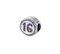 FeatherWish Celebration 16th Happy Birthday 925 Sterling Silver Round Beads Charm With Clear And Pink Cubic Zirconia Compatible With Pandora Bracelet Or Necklace 16 18 21 30 40 (16th)