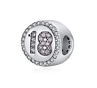 FeatherWish Celebration 18 Happy Birthday Beads Charm With Clear And Pink Cubic Zirconia Compatible With Pandora Bracelet Or Necklace (18th)