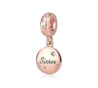 FeatherWish Family And Friends Round Disc Dangle Charms Engraved With 925 Sterling Silver And Cubic Zirconia Cubic Zirconia - Compatible With Pandora Bracelet (Sister Rose Gold)