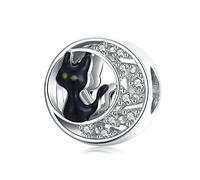 FeatherWish Lucky Black Cat Moon Charm 925 Sterling Silver Kitten Pet Family Love Best Friend Bead Fits And Compatible With Pandora Bracelets Gift Friend Wife Daughter Friend (Black Cat)
