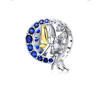 FeatherWish Moon Fairy With Gold Wings Round Bead 925 Sterling Silver Charm Surrounded By Blue And Clear Cubic Zirconia Compatible With Pandora Bracelet Or Necklace