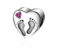 FeatherWish New Baby Girl Love Heart Charm Footprints Pink Family Friend Bead 925 Sterling Silver Fits And Compatible With Pandora Bracelets Gift For Mum Sister Daughter Wife (Pink Footprints)