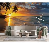 Feature Wall Mural Beach Palm Tree Non-Woven 3D Matt Photo Wallpaper | Wipeable Panoramic Mural Wallpaper 200x140 cm Sunset Coastal Paste The Wall Art for Living Room Bedroom Home Office z596