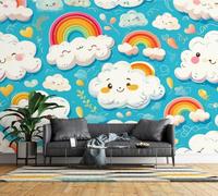 Feature Wall Mural Cartoon Cloud Rainbow Non-Woven 3D Matt Photo Wallpaper | Wipeable Panoramic Mural Wallpaper 500x280 cm Kawaii Heart Paste The Wall Art for Living Room Bedroom Home Office J741