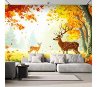 Feature Wall Mural Deer Forest Photo Wallpaper Non-Woven Matt | Wipeable Panoramic Mural Wallpaper 500x280 cm 3D Autumn Maple Leaf Wall Art for Living Room Bedroom Home Office P48