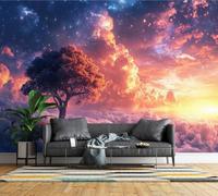 Feature Wall Mural Fantasy Starry Sky Non-Woven 3D Matt Photo Wallpaper | Wipeable Panoramic Mural Wallpaper 500x280 cm Tree Dream Cloud Paste The Wall Art for Living Room Bedroom Home Office J132