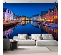 Feature Wall Mural Harbour Town Non-Woven 3D Matt Photo Wallpaper | Wipeable Panoramic Mural Wallpaper 250x175 cm European Coastal Canal Paste The Wall Art for Living Room Bedroom Home Office