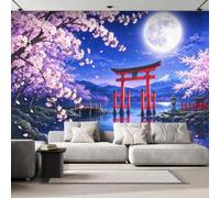 Feature Wall Mural Japanese Cherry Blossom Photo Wallpaper Non-Woven Matt | Wipeable Panoramic Mural Wallpaper 300x210 cm 3D Full Moon Mount Fuji Wall Art for Living Room Bedroom Home Office M178