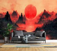 Feature Wall Mural Japanese Mountain Non-Woven 3D Matt Photo Wallpaper | Wipeable Panoramic Mural Wallpaper 500x280 cm Oriental Pagoda Red Sun Paste The Wall Art for Living Room Bedroom Home Office