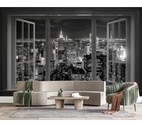Feature Wall Mural New York Skyline Photo Wallpaper Non-Woven Matt | Wipeable Panoramic Mural Wallpaper 300x210 cm 3D Window City Night View Wall Art for Living Room Bedroom Home Office L178