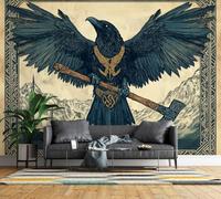 Feature Wall Mural Norse Raven Photo Wallpaper Non-Woven Matt | Wipeable Panoramic Mural Wallpaper 150x105 cm 3D Celtic Knot Battle Axe Wall Art for Living Room Bedroom Home Office K77