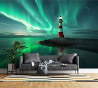 Feature Wall Mural Northern Lights Lighthouse Photo Wallpaper Non-Woven | Matt Wipeable Panoramic Mural Wallpaper 500x280 cm 3D Starry Sky Coastal Wall Art for Living Room Bedroom Home Office J6