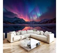 Feature Wall Mural Northern Lights Non-Woven 3D Matt Photo Wallpaper | Wipeable Panoramic Mural Wallpaper 500x280 cm Starry Sky Aurora Borealis Wall Art for Living Room Bedroom Home Office H6