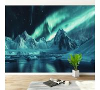 Feature Wall Mural Northern Lights Non-Woven 3D Matt Photo Wallpaper | Wipeable Panoramic Mural Wallpaper 400x280 cm Snow Mountain Landscape Paste The Wall Art for Living Room Bedroom Home Office