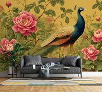 Feature Wall Mural Peacock Peony Floral Non-Woven 3D Matt Photo Wallpaper