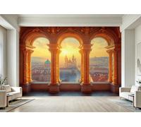Feature Wall Mural Prague Arch Non-Woven 3D Matt Photo Wallpaper | Wipeable Panoramic Mural Wallpaper 350x256 cm European Architecture Paste The Wall Art for Living Room Bedroom Home Office P4