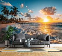 Feature Wall Mural Sunset Beach Photo Wallpaper Non-Woven Matt | Wipeable Panoramic Mural Wallpaper 500x280 cm 3D Tropical Palm Tree Wall Art for Living Room Bedroom Home Office K496