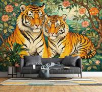 Feature Wall Mural Tiger Floral Non-Woven 3D Matt Photo Wallpaper | Wipeable Panoramic Mural Wallpaper 250x175 cm Vintage Animal Paste The Wall Art for Living Room Bedroom Home Office R282
